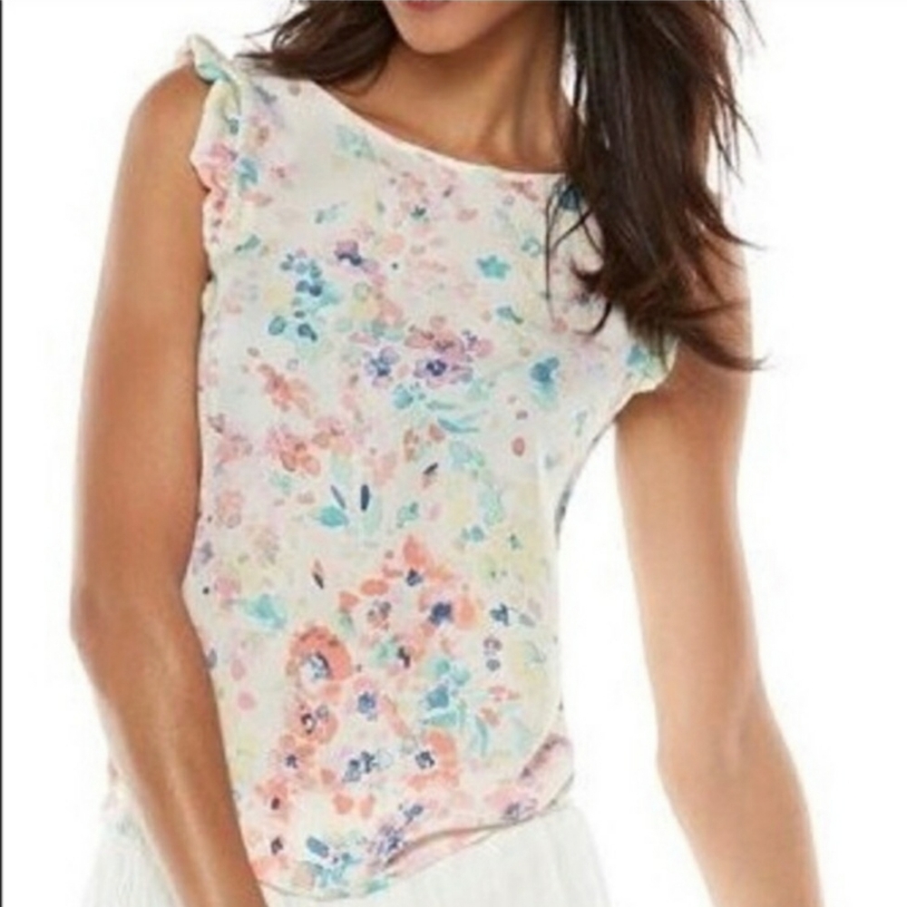LC LAUREN CONRAD Sleeveless Blouse Watercolor Floral Ruffle Shoulders • MEDIUM - Picture 16 of 16